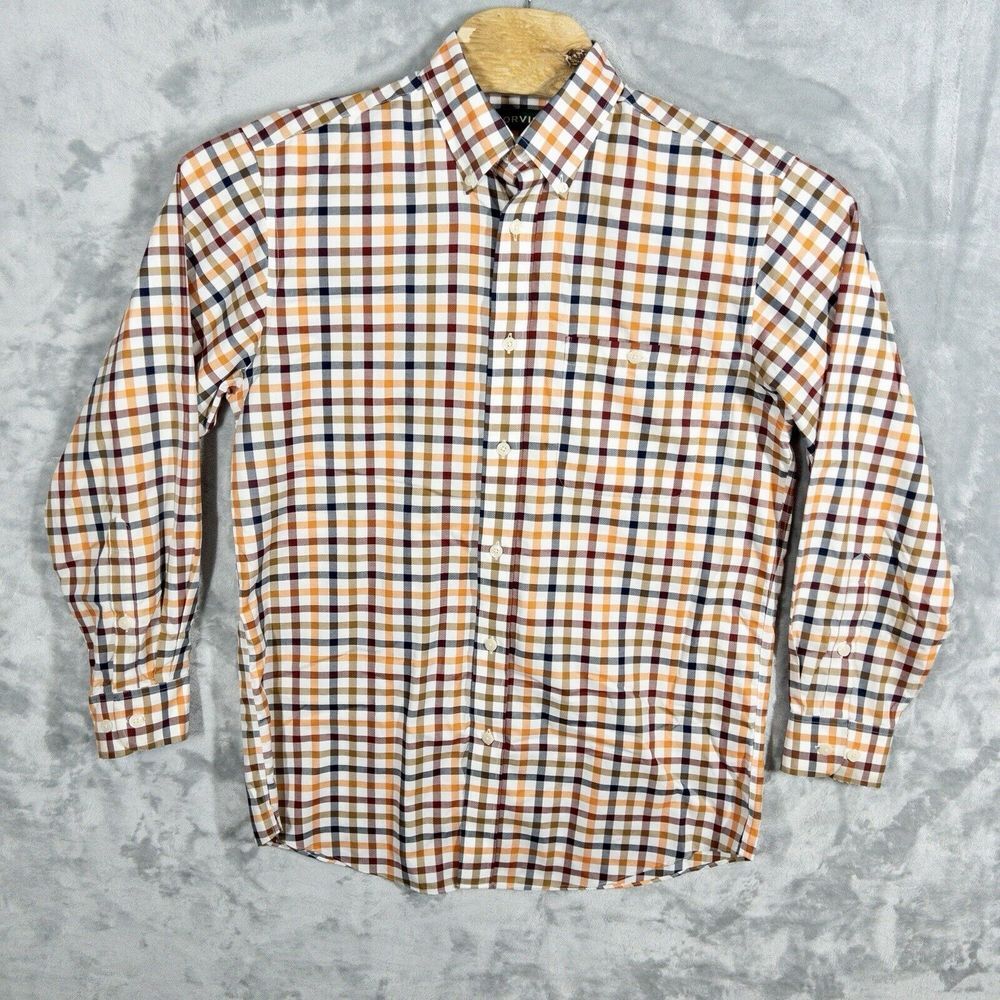 Orvis Long Sleeve Plaid Button Up Shirt Mens Medium Frayed‎ Cuff